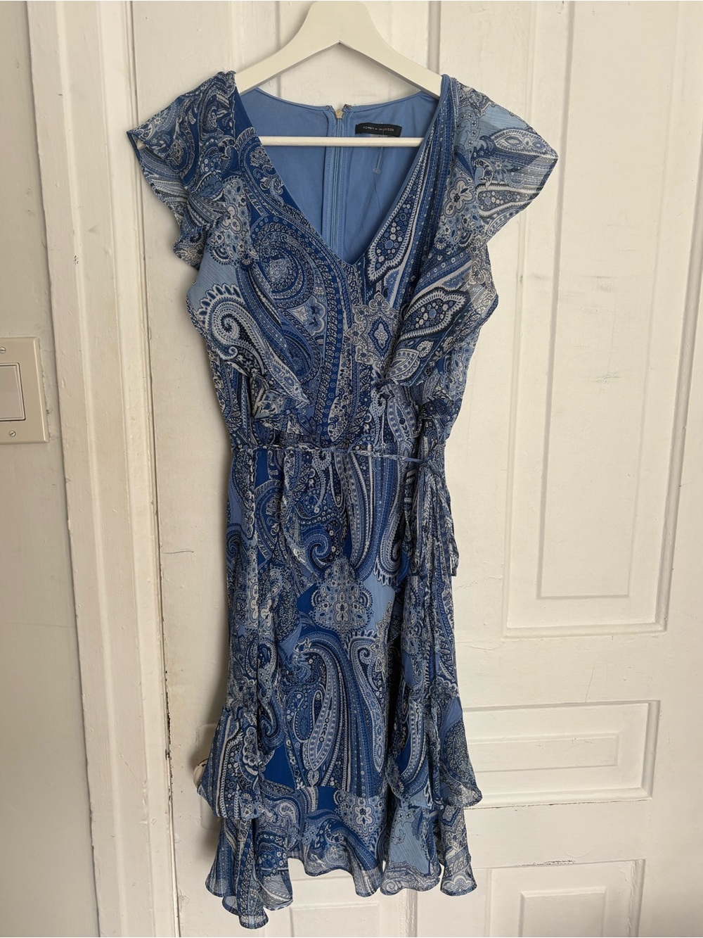 Blue Paisley V-Neck Ruffle Dress